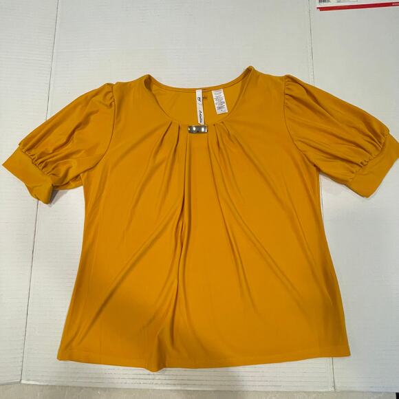 NY Collections blouse women's Large yellow mustard pleated front puffy S/L - Picture 7 of 13